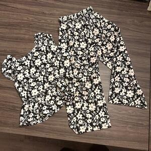 Tahari Girl’s Wide Leg Floral Linen Pants Set, Black and White Floral, Size 6